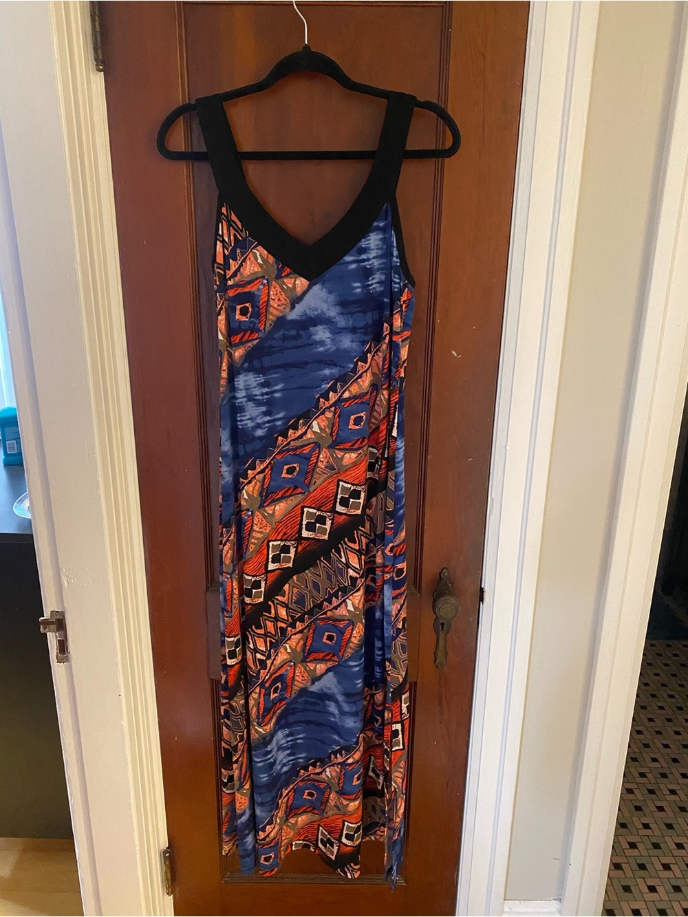 V-Neck Blue and Orange Printed Maxi Dress